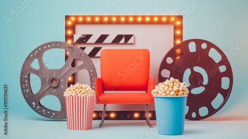 Brightly Colored Movie Setup With Chair, Film Reels, and Popcorn for a Cinematic Experience photo