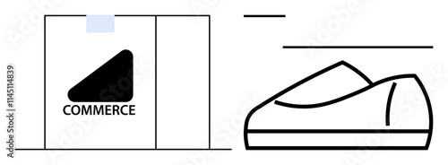 Box marked with Commerce logo beside an outlined sports shoe. Ideal for e-commerce, retail, online shopping, delivery, branding, sports gear, consumer goods. Line metaphor