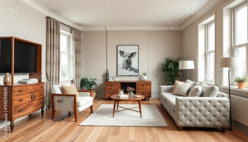 Modern Traditional Student Living Room with a mix of classic and contemporary elements, warm woods, and neutral tones. The skirting boards are painted in a soft beige or taupe