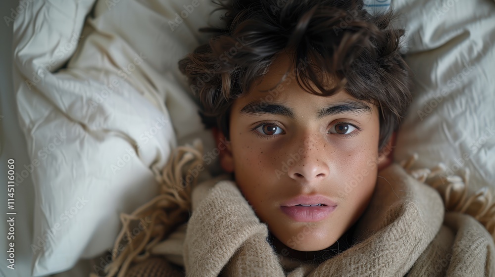 Teenage boy with fever lying in bed home emotional portrait indoor close-up view Teenage boy with fever lying in bed home emotional portrait indoor close-up view