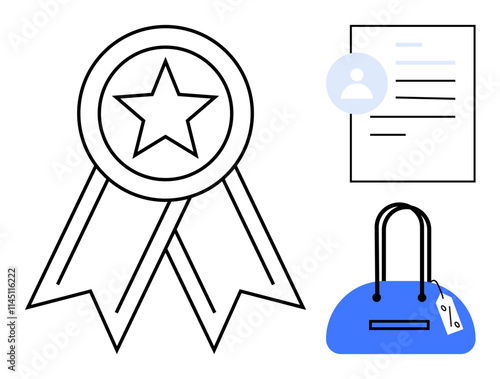 Star award ribbon next to a document with profile image and blue handbag with tag. Ideal for promoting achievement, success, rewards, recognition, professionalism, business, branding. Line metaphor