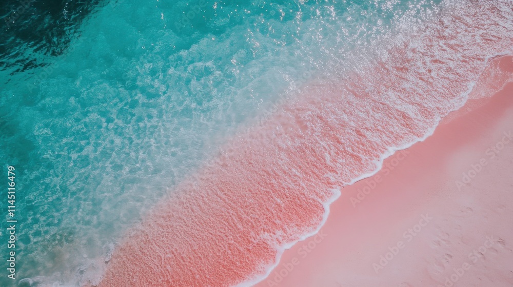 Fototapeta premium Beautiful pink sand beach blends with sparkling blue waves during a sunny day