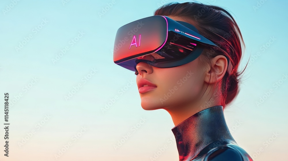 Woman wearing a sleek reflective AI visor in vivid colors set against a gradient backdrop portraying cutting-edge wearable tech and futuristic aesthetics Woman wearing a sleek reflective AI visor in vivid colors set against a gradient backdrop portraying cutting-edge wearable tech and futuristic aesthetics