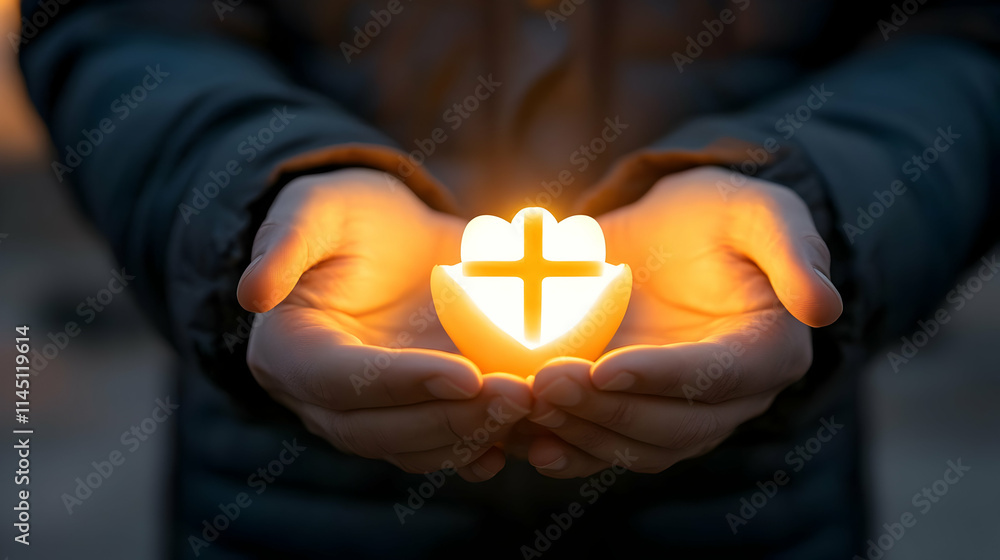 Hands Holding a Glowing Cross Candle with Faith and Hope, Spirituality Theme with Warm Light at Night. Hands Holding a Glowing Cross Candle with Faith and Hope, Spirituality Theme with Warm Light at Night.