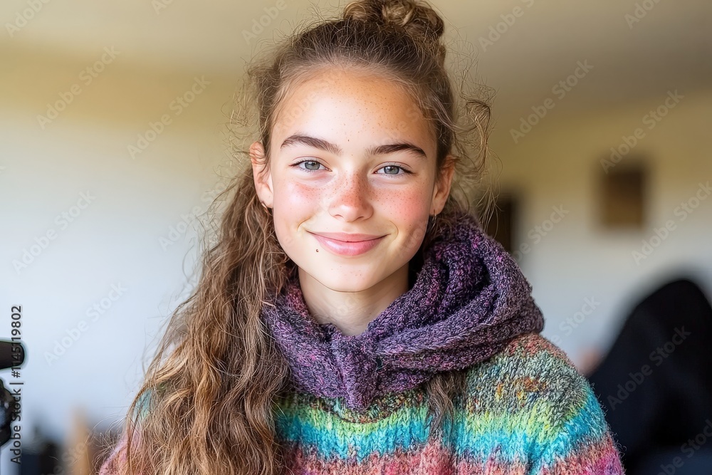 Fresh portrait of a natural young woman outdoors in a knit scarf and sweater highlighting autumn tones natural charm and organic lifestyle Fresh portrait of a natural young woman outdoors in a knit scarf and sweater highlighting autumn tones natural charm and organic lifestyle