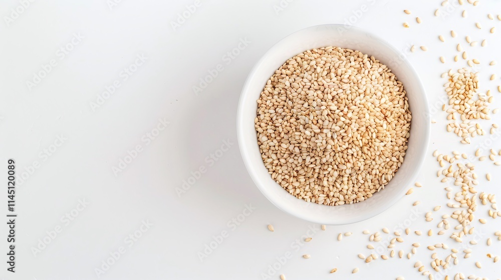 White bowl filled with sesame seeds on a white background, flat lay food ingredient photography, natural seasoning concept, minimalistic kitchen design with copy space for text.
White bowl filled with sesame seeds on a white background, flat lay food ingredient photography, natural seasoning concept, minimalistic kitchen design with copy space for text.