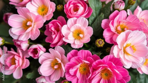 Pink and white ranunculus flowers in full bloom against a soft blurred background, spring, delicate