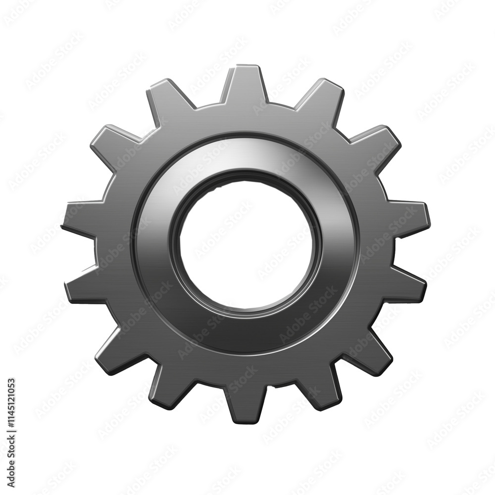 Settings Gear Icon: Isolated With Clean Lines In Metallic Gray On A White Background Settings Gear Icon: Isolated With Clean Lines In Metallic Gray On A White Background