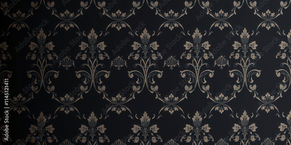 Luxurious black charcoal floral wallpaper with intricate botanical design, vintage, interior design Luxurious black charcoal floral wallpaper with intricate botanical design, vintage, interior design