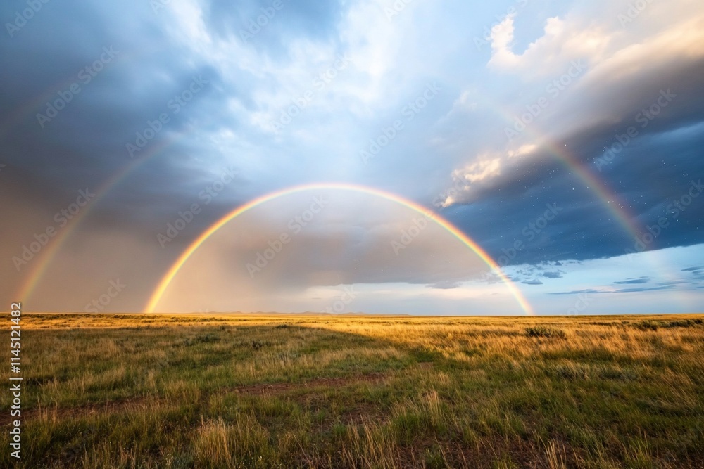 A vibrant rainbow spans across a grassy landscape under a cloudy sky. A vibrant rainbow spans across a grassy landscape under a cloudy sky.