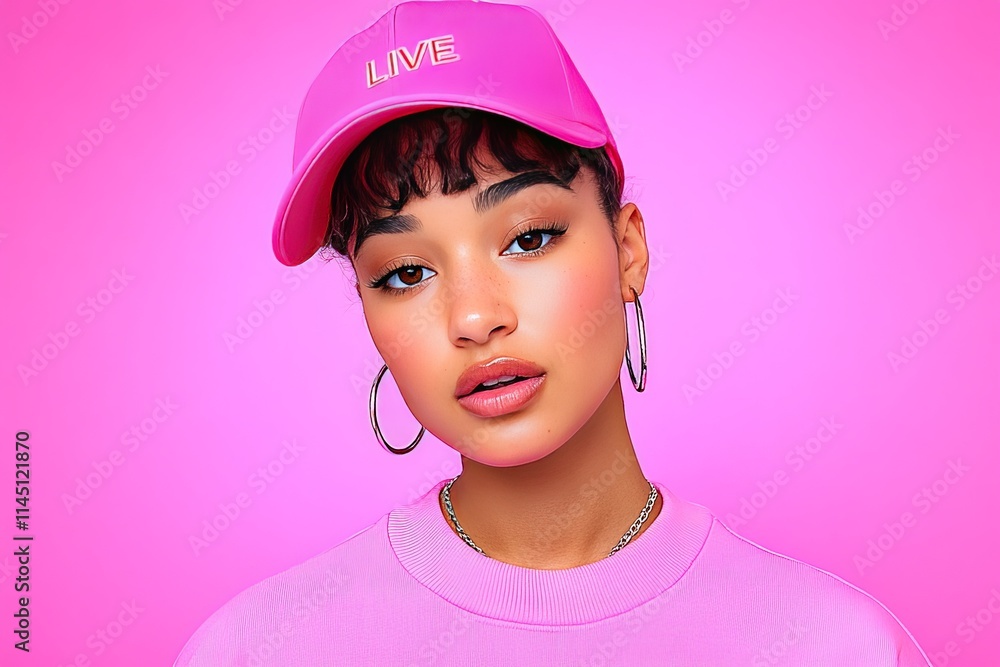 Playful and modern portrait of a stylish young woman wearing a pink cap and matching sweater against a vivid pink background emphasizing trendy urban fashion and youthful expression Playful and modern portrait of a stylish young woman wearing a pink cap and matching sweater against a vivid pink background emphasizing trendy urban fashion and youthful expression