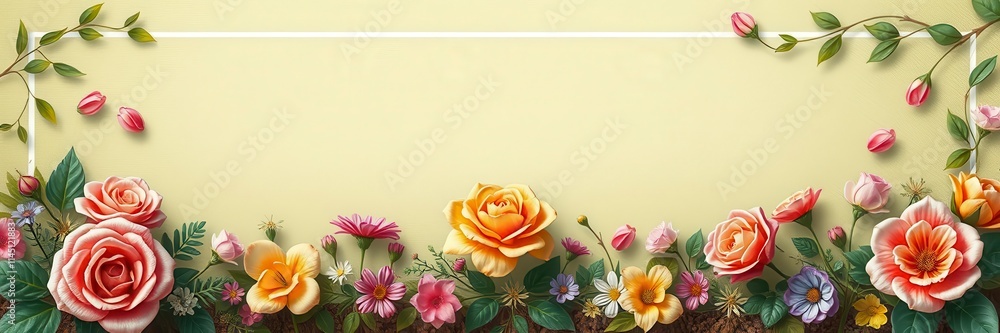 Obraz premium Rose flower with leaves forming a beautiful frame, roses, flowers