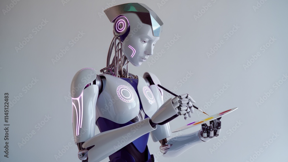 Humanoid robot painting with a palette and brush in a futuristic setting Humanoid robot painting with a palette and brush in a futuristic setting