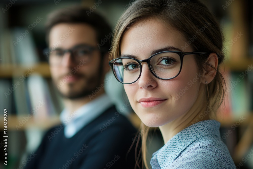 Young Businesswoman and Businessman Standing Back to Back in Office Library Young Businesswoman and Businessman Standing Back to Back in Office Library