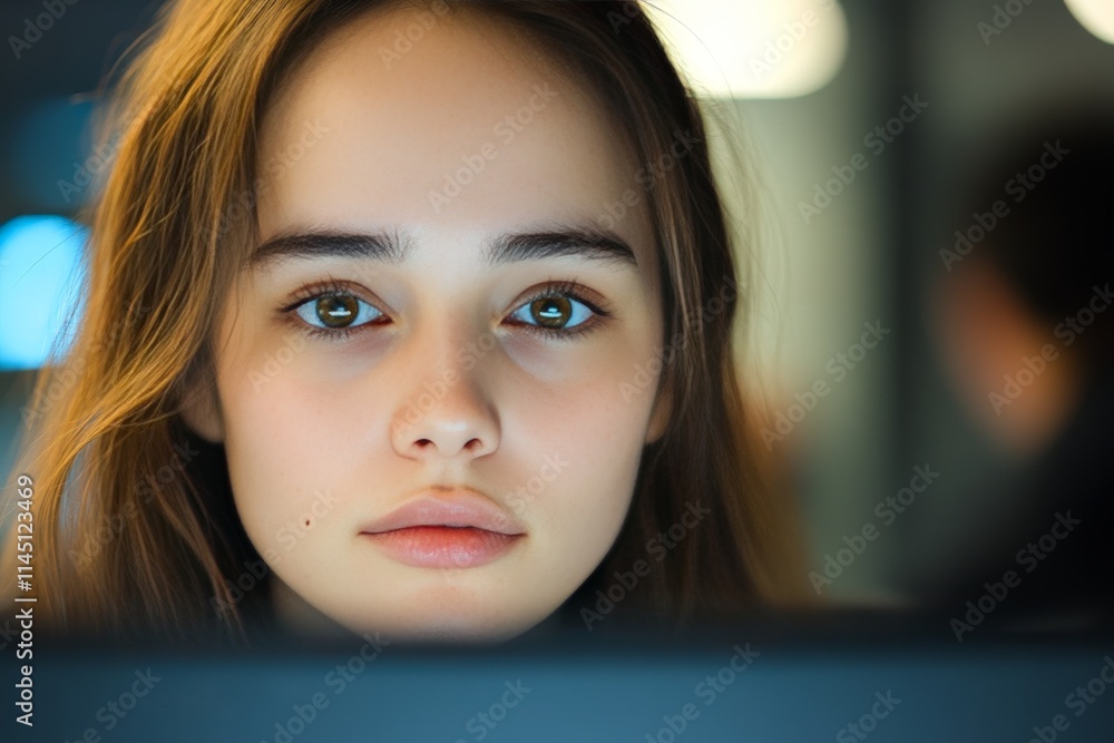 Close-up of young woman with neutral expression and soft lighting gazing intently at screen in dimly lit environment highlighting focus technology and reflective mood Close-up of young woman with neutral expression and soft lighting gazing intently at screen in dimly lit environment highlighting focus technology and reflective mood