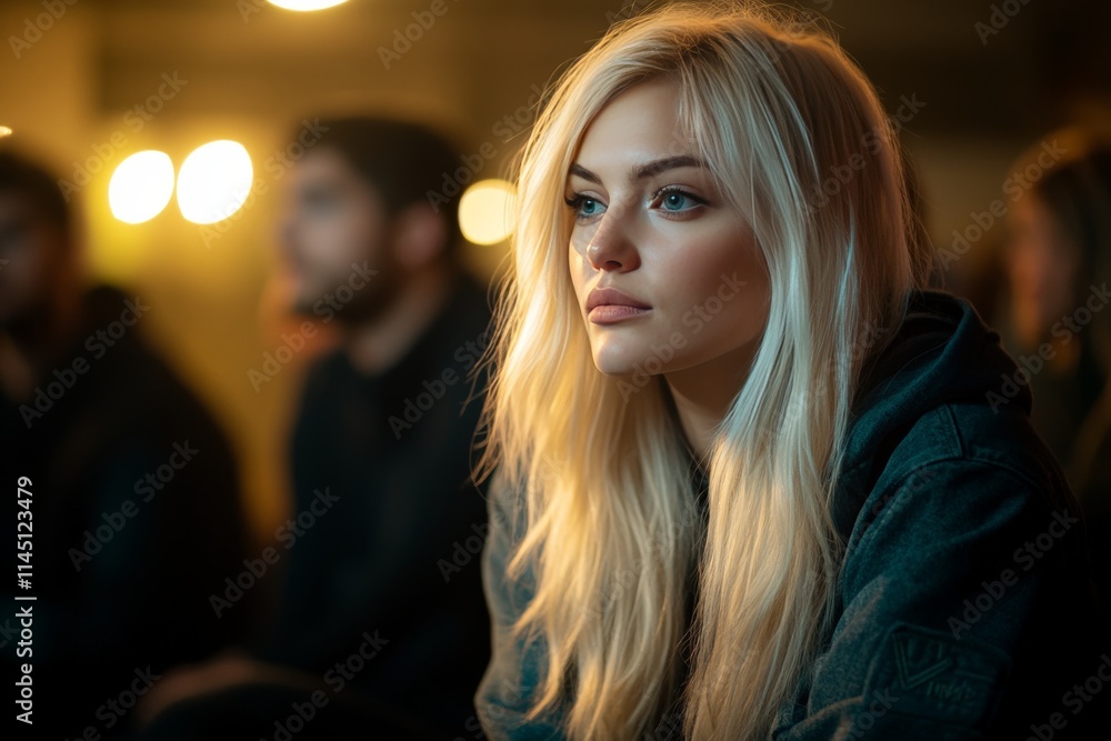 Thoughtful blonde woman in dim urban environment with dramatic bokeh lights evoking introspection and cinematic storytelling in a softly lit atmospheric setting Thoughtful blonde woman in dim urban environment with dramatic bokeh lights evoking introspection and cinematic storytelling in a softly lit atmospheric setting