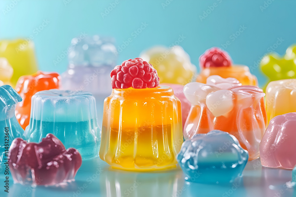 Bright jelly desserts in various shapes and colors showcase raspberries atop their playful forms Bright jelly desserts in various shapes and colors showcase raspberries atop their playful forms