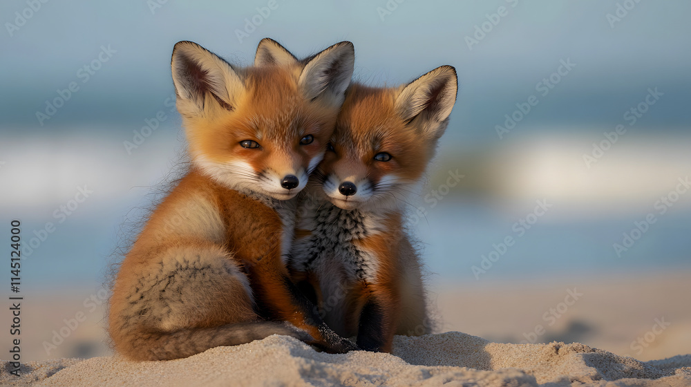 Fototapeta premium Wild baby red foxes cuddling on a beach in Nova Scotia, Canada.