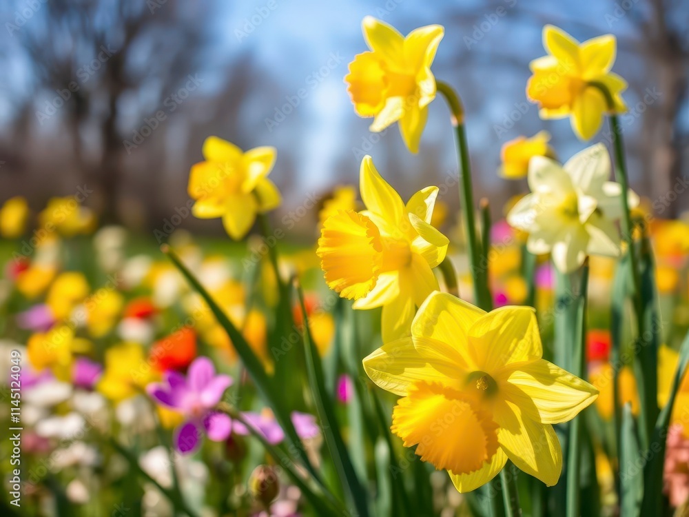 Vibrant daffodil flowers blooming in a lush field during spring, nature, spring, vibrant Vibrant daffodil flowers blooming in a lush field during spring, nature, spring, vibrant