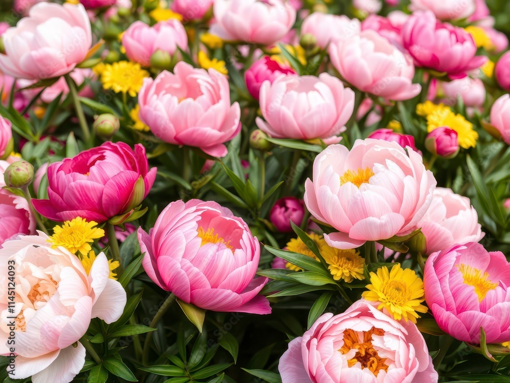 Obraz premium Vibrant pink peony flowers in full bloom creating a lush and beautiful background, petals, spring