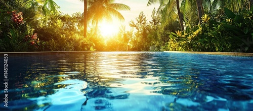 Tranquil pool scene at sunset, tropical plants. photo