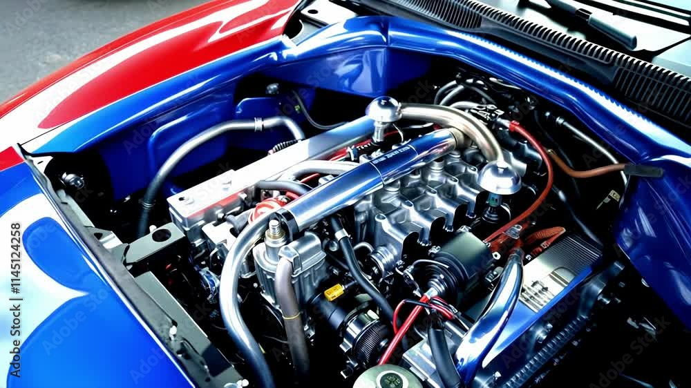 This detailed view showcases the complex design and components of a performance car engine, highlighting its engineering and mechanical elements. The vibrant blue color enhances its aesthetic appeal. This detailed view showcases the complex design and components of a performance car engine, highlighting its engineering and mechanical elements. The vibrant blue color enhances its aesthetic appeal.