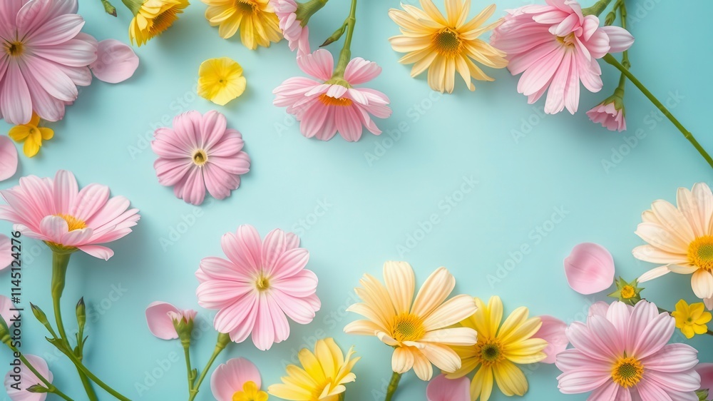 Vibrant spring flowers in various colors displayed on a textured paper background, bloom, spring, flat lay Vibrant spring flowers in various colors displayed on a textured paper background, bloom, spring, flat lay