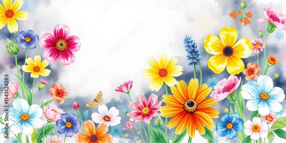 Fototapeta premium Vibrant watercolor illustration of various flowers and leaves, watercolor, colorful