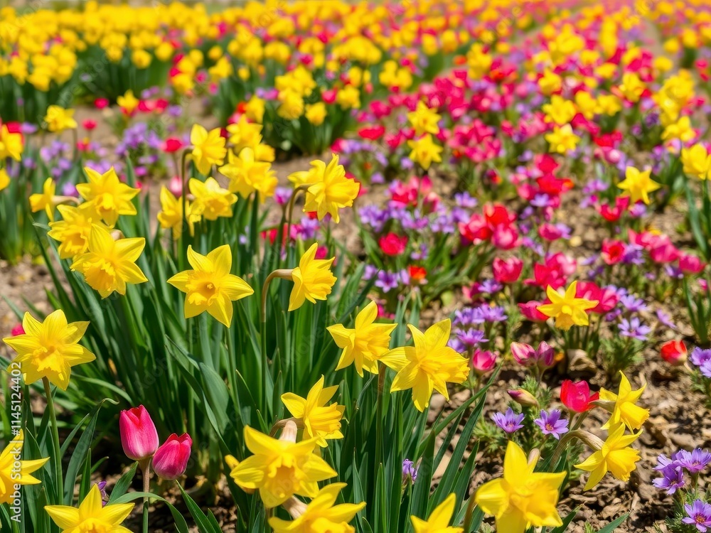 Fototapeta premium Vibrant yellow daffodil flowers blooming in a picturesque field on a sunny day, yellow, garden