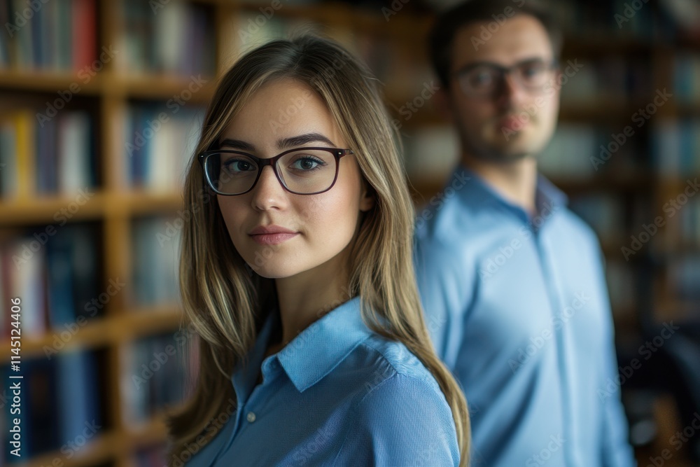 Young Businesswoman and Businessman Standing Back to Back in Office Library Young Businesswoman and Businessman Standing Back to Back in Office Library