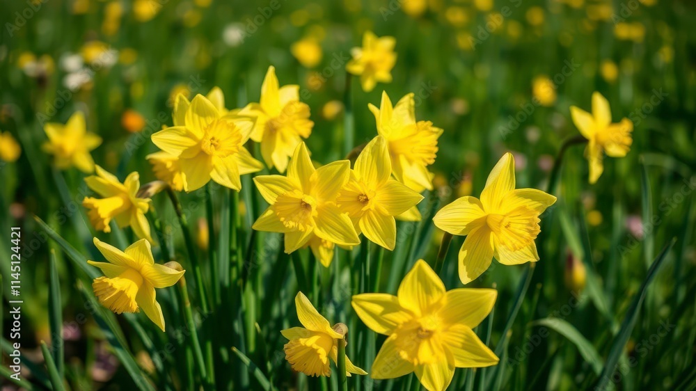 Vibrant yellow daffodil flowers blooming in a vast field under the bright sun, vibrant, yellow Vibrant yellow daffodil flowers blooming in a vast field under the bright sun, vibrant, yellow