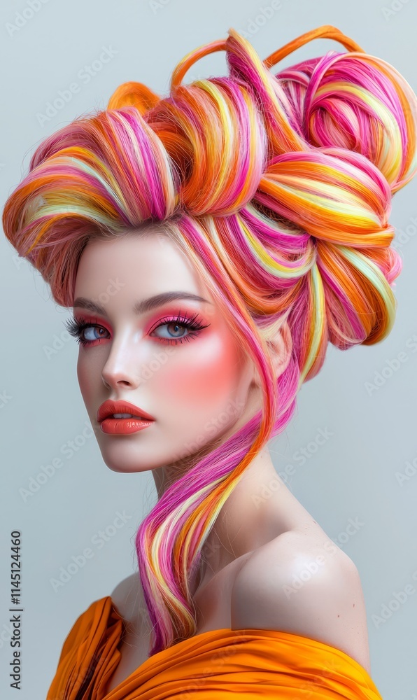 Naklejka premium Featuring a model with a whimsical, colorful hairstyle, this portrait emphasizes inventive beauty and artistic expression with its bright colors and striking makeup details.