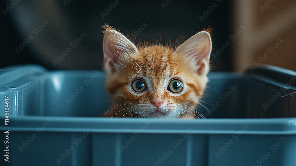 Cat in container, kitten as pet animal, small kitty looking hungry, domestic feline hiding, adorable furry mammal seeking safety, hide, feed. Cat in container, kitten as pet animal, small kitty looking hungry, domestic feline hiding, adorable furry mammal seeking safety, hide, feed.