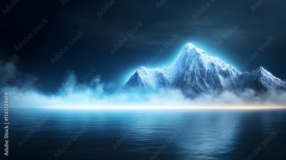 Fototapeta premium Snowy Mountain Peaks Reflect in Calm Water under Night Sky with Soft Clouds and a Gentle Glow, Embracing Serenity and Wonder.