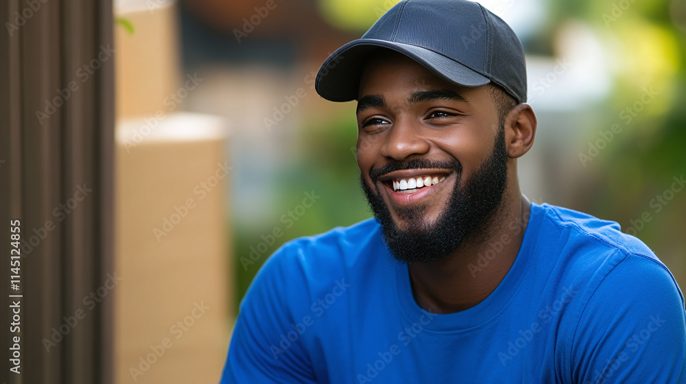 Happy young african american delivery man with a beard, wearing a blue t-shirt and a cap, smiling and looking to the side. courier service or job career, happy male responsible for order shipping. Happy young african american delivery man with a beard, wearing a blue t-shirt and a cap, smiling and looking to the side. courier service or job career, happy male responsible for order shipping.
