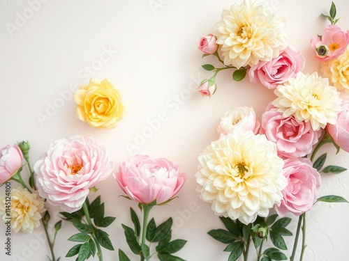 Wallpaper Mural Vintage style artificial flowers wall background with delicate pastel roses, peonies, and dahlias in shades of pink, cream, and yellow, pastel, background Torontodigital.ca