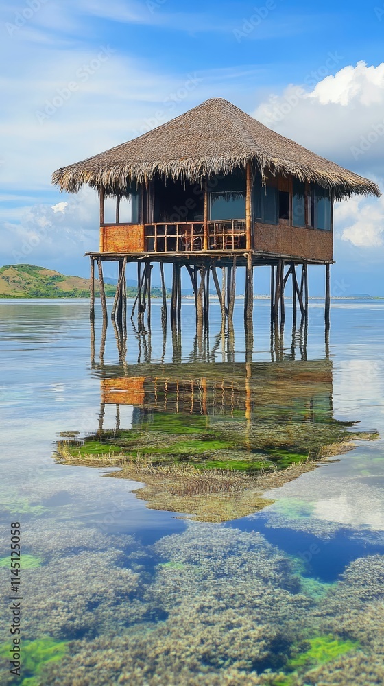 Overwater bungalow reflects in tranquil shallows. Overwater bungalow reflects in tranquil shallows.
