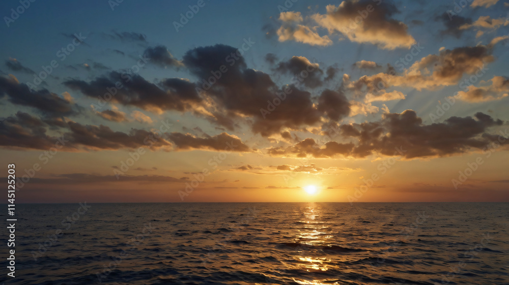 Fototapeta premium Sunrise in the Sea, Beautiful sunset over the sea with orange skies, clouds, and reflections on the water, Sunset in Ocean Background