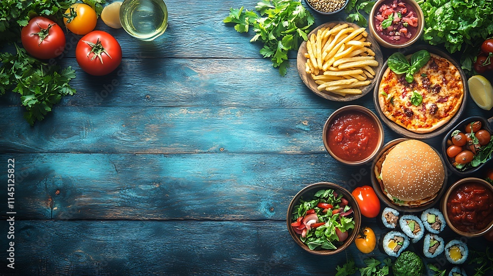 A large table filled with assorted takeout foods such as pizza burgers fries fried chicken tacos sushi rolls and beverages arranged casually on a rustic wooden surface with vibrant colors and A large table filled with assorted takeout foods such as pizza burgers fries fried chicken tacos sushi rolls and beverages arranged casually on a rustic wooden surface with vibrant colors and