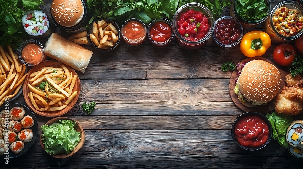A large table filled with assorted takeout foods such as pizza burgers fries fried chicken tacos sushi rolls and beverages arranged casually on a rustic wooden surface with vibrant colors and A large table filled with assorted takeout foods such as pizza burgers fries fried chicken tacos sushi rolls and beverages arranged casually on a rustic wooden surface with vibrant colors and