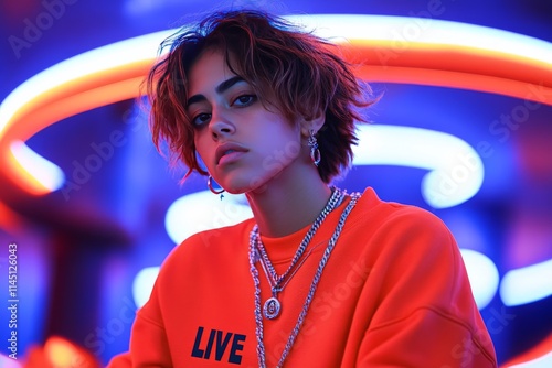 Edgy young woman with short wavy hair wearing bold red attire illuminated by neon signage in a moody urban nightscape evoking individuality and modern rebellion photo