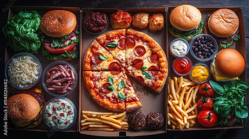 Fototapeta premium A pizza box with a slice being lifted surrounded by burgers fries and other takeout foods on a simple wooden table