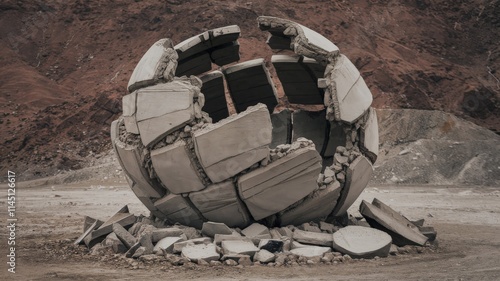 Spherical structure broken into pieces in a desert photo