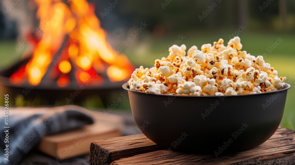 Freshly Popped Popcorn in Black Bowl Near Cozy Campfire in Outdoor Setting at Dusk Freshly Popped Popcorn in Black Bowl Near Cozy Campfire in Outdoor Setting at Dusk