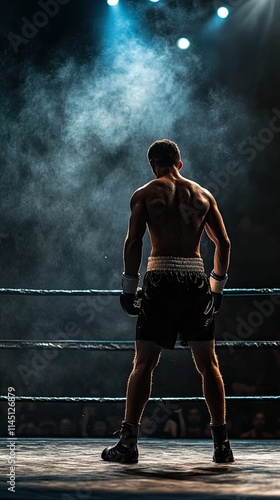 Boxer stands ringside, back turned, awaiting match.