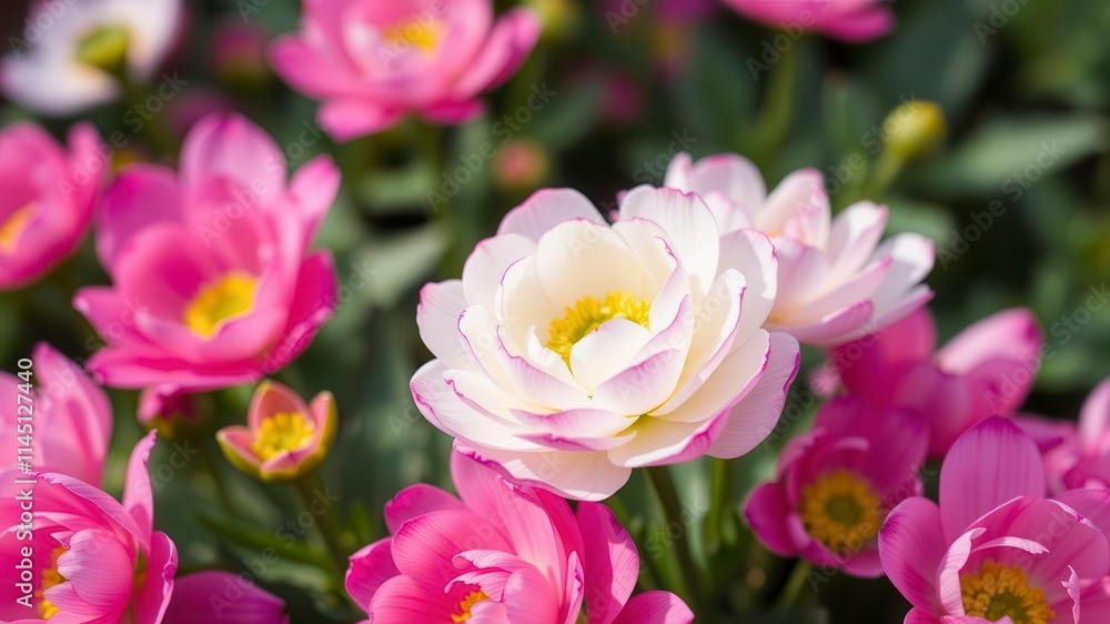 Vibrant pink and white ranunculus flowers blooming in a garden, white, petals, spring Vibrant pink and white ranunculus flowers blooming in a garden, white, petals, spring
