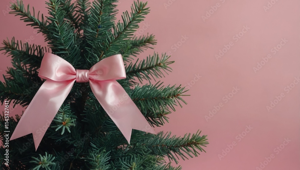 Christmas tree with pink bow on pink background Christmas tree with pink bow on pink background