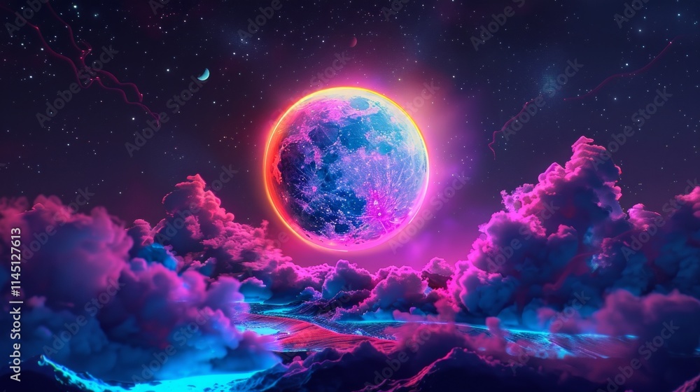 Vibrant full moon with neon aura illuminating the night sky surrounded by ethereal clouds and starry backdrop Vibrant full moon with neon aura illuminating the night sky surrounded by ethereal clouds and starry backdrop