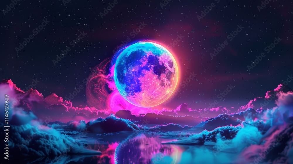 Vibrant full moon with neon aura illuminating the night sky surrounded by ethereal clouds and starry backdrop Vibrant full moon with neon aura illuminating the night sky surrounded by ethereal clouds and starry backdrop