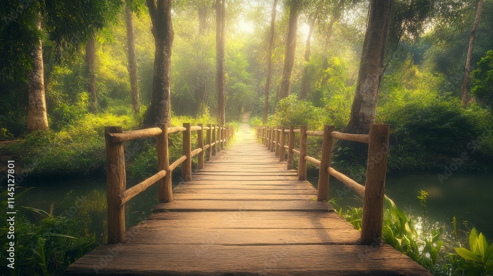 Obraz premium Serene Pathway Through Lush Green Forest with Sunlight Streaming and Gentle Reflections on Calm Water for Peaceful Nature Experience